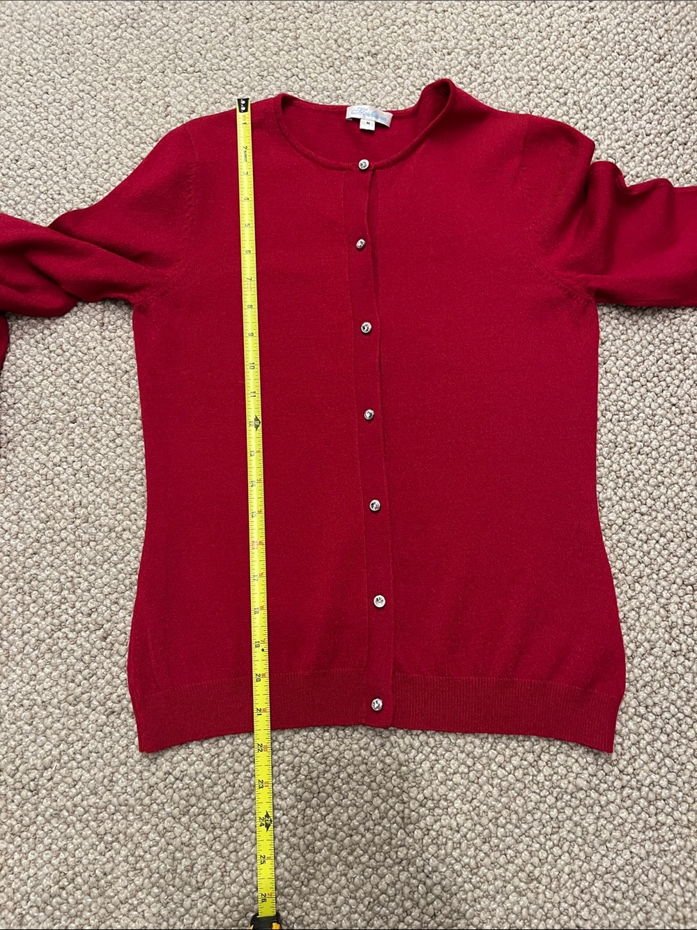 Women’s Beautiful Red Wool Sweater with Rhinestone Buttons - Picture 12 of 13
